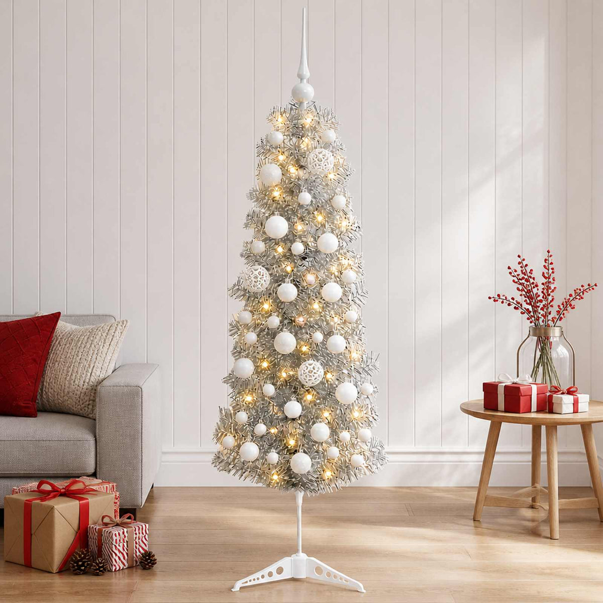 Smalle kunstkerstboom met kerstballen 150 cm 150 LED's Warmwit is nu te koop bij PeponiXL, paradijselijk wonen!