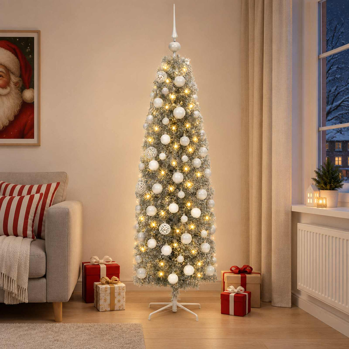Smalle kunstkerstboom met kerstballen 180 cm 300 LED's Warmwit is nu te koop bij PeponiXL, paradijselijk wonen!