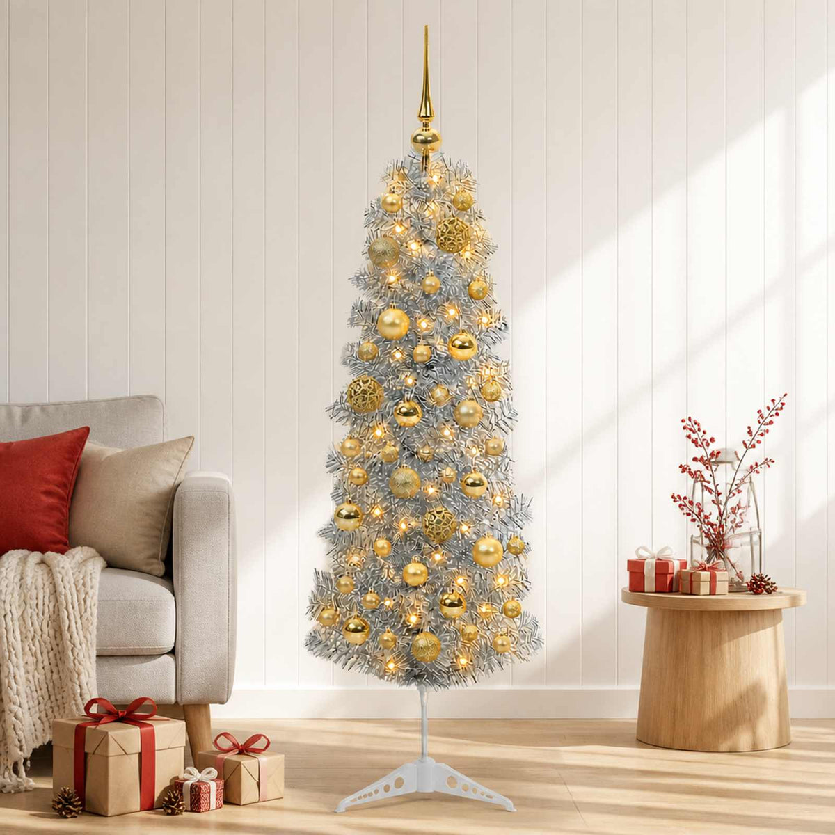 Smalle kunstkerstboom met kerstballen 150 cm 150 LED's Warmwit is nu te koop bij PeponiXL, paradijselijk wonen!