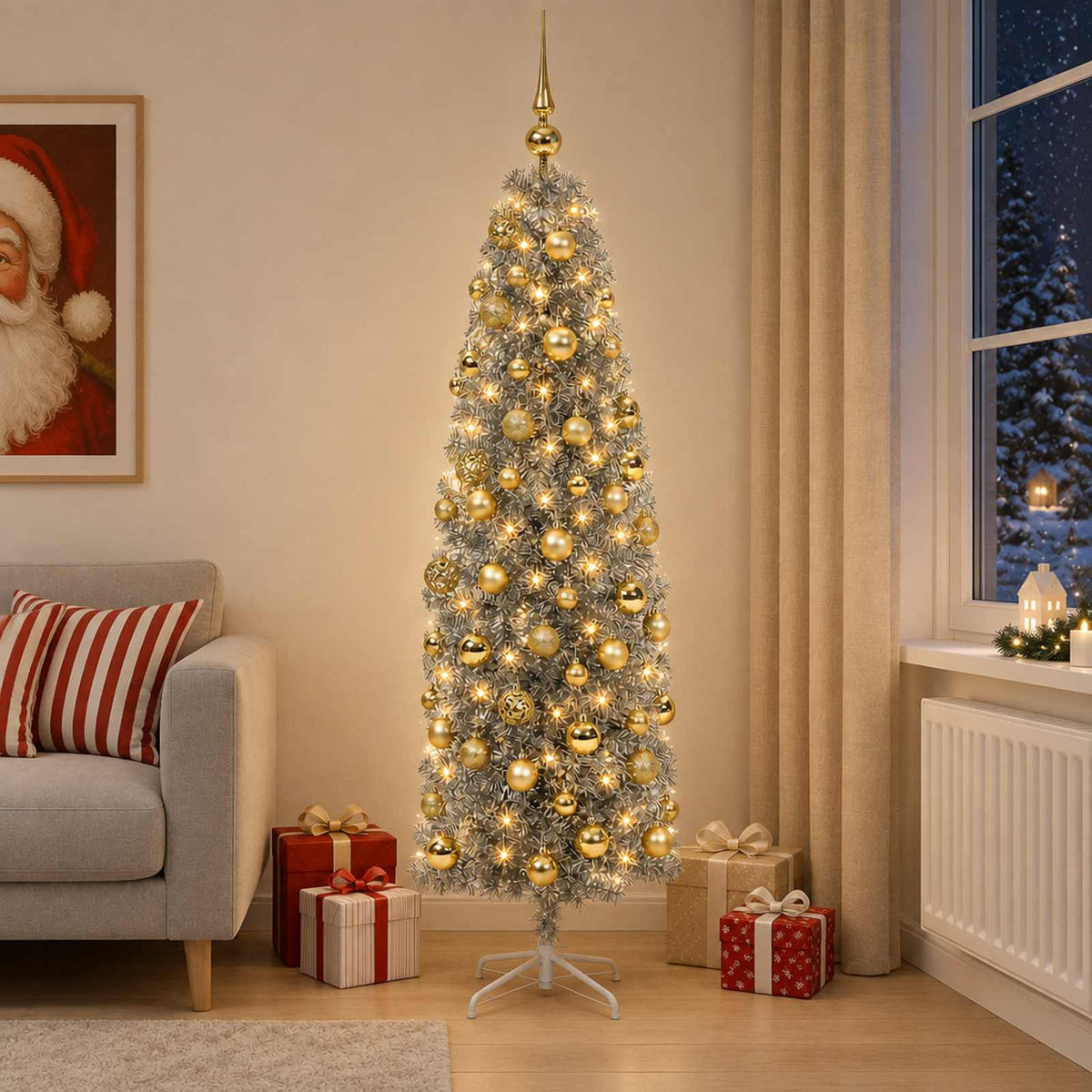 Smalle kunstkerstboom met kerstballen 180 cm 300 LED's Warmwit is nu te koop bij PeponiXL, paradijselijk wonen!