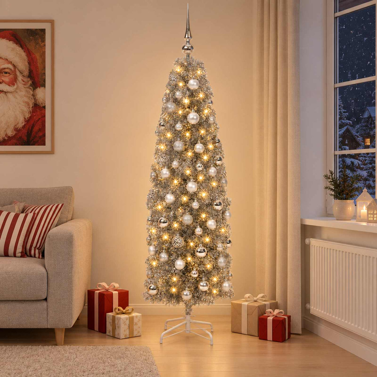 Smalle kunstkerstboom met kerstballen 180 cm 300 LED's Warmwit is nu te koop bij PeponiXL, paradijselijk wonen!