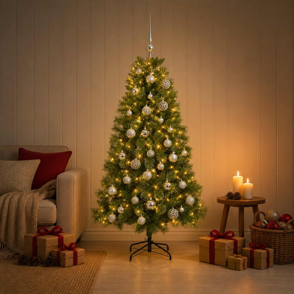 Kunstkerstboom met kerstballen 150 cm 150 LED's Warmwit is nu te koop bij PeponiXL, paradijselijk wonen!