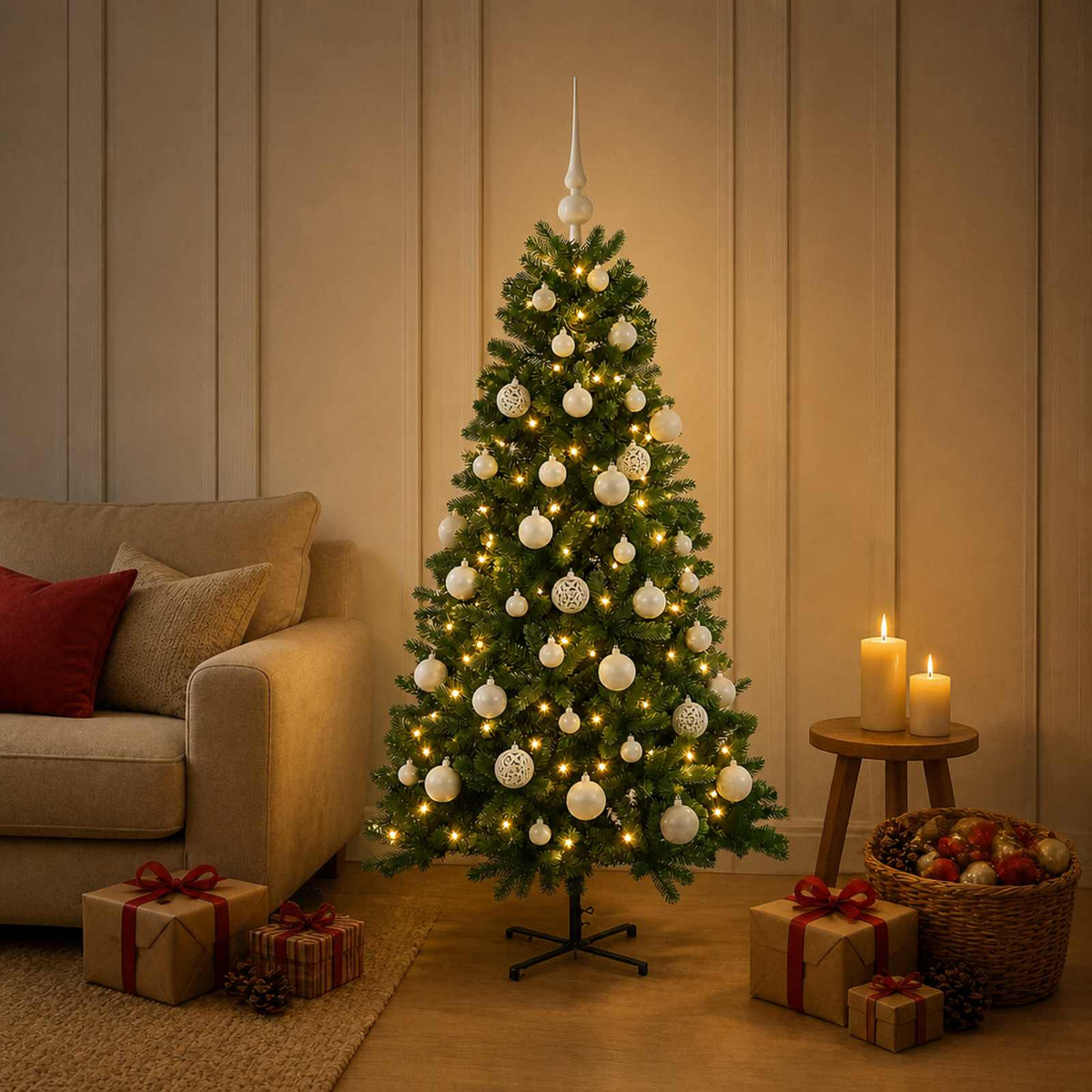 Kunstkerstboom met kerstbal 150 cm 150 LED's Warmwit PVC Groen is nu te koop bij PeponiXL, paradijselijk wonen!