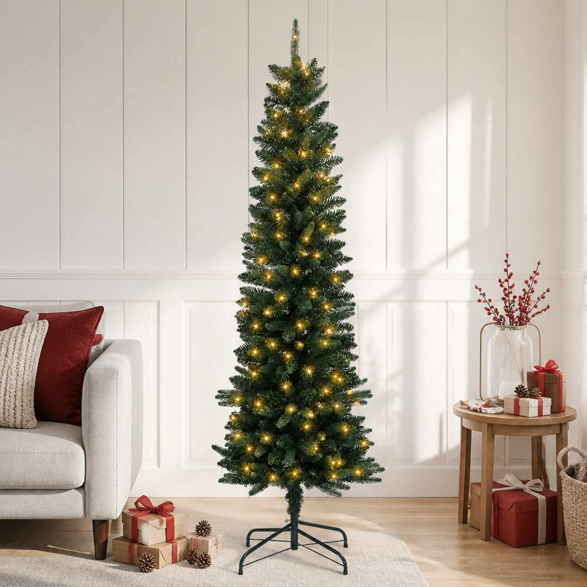 Kunstmatige slanke kerstboom 120 cm 150 LED's Warmwit PVC Groen is nu te koop bij PeponiXL, paradijselijk wonen!