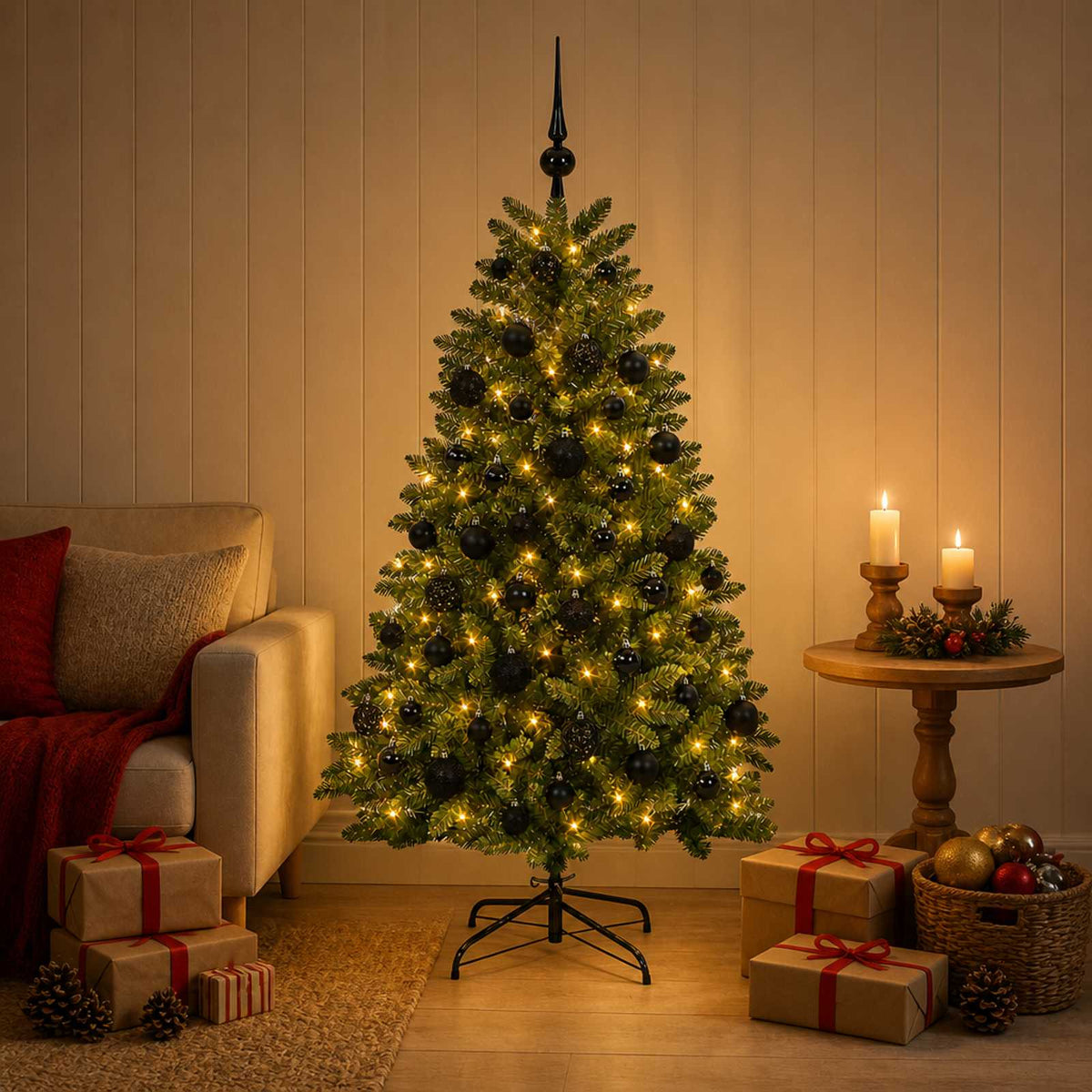 Kunstkerstboom middengroen met kerstbal 150 cm 150 LED's is nu te koop bij PeponiXL, paradijselijk wonen!