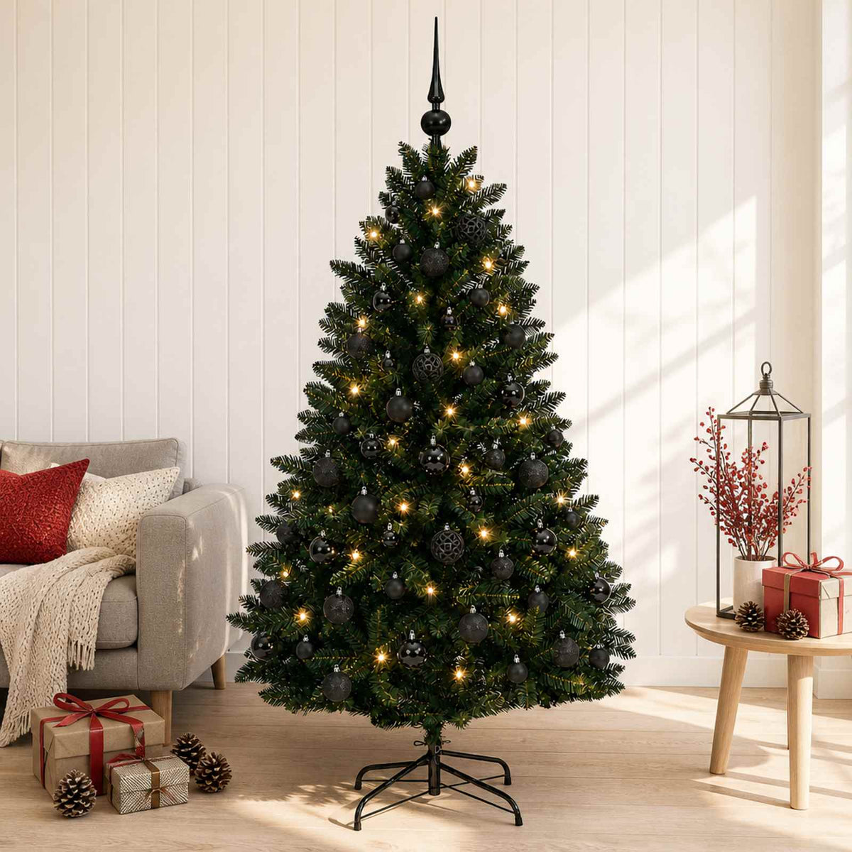 vidaXL Kunstkerstboom donkergroen met kerstballen 120 cm 150 LED's