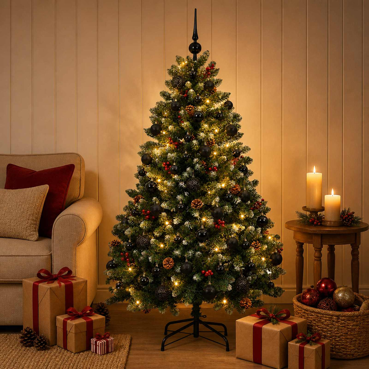 Kunstkerstboom groen met kerstballen 150 cm 150 LED's Warmwit is nu te koop bij PeponiXL, paradijselijk wonen!