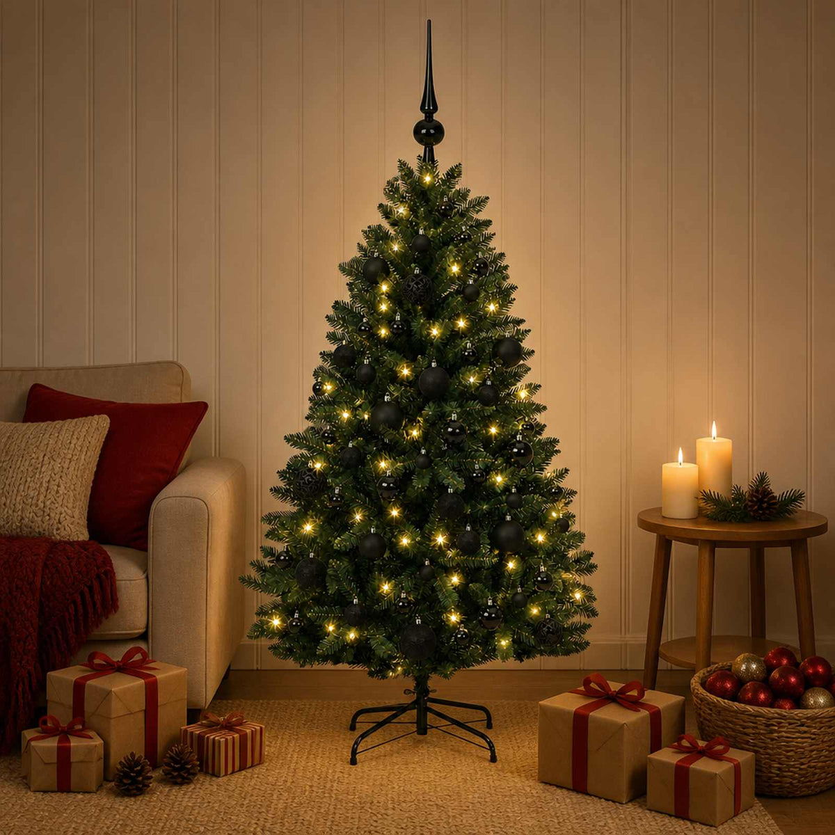 vidaXL Kunstkerstboom donkergroen met kerstballen 120 cm 150 LED's