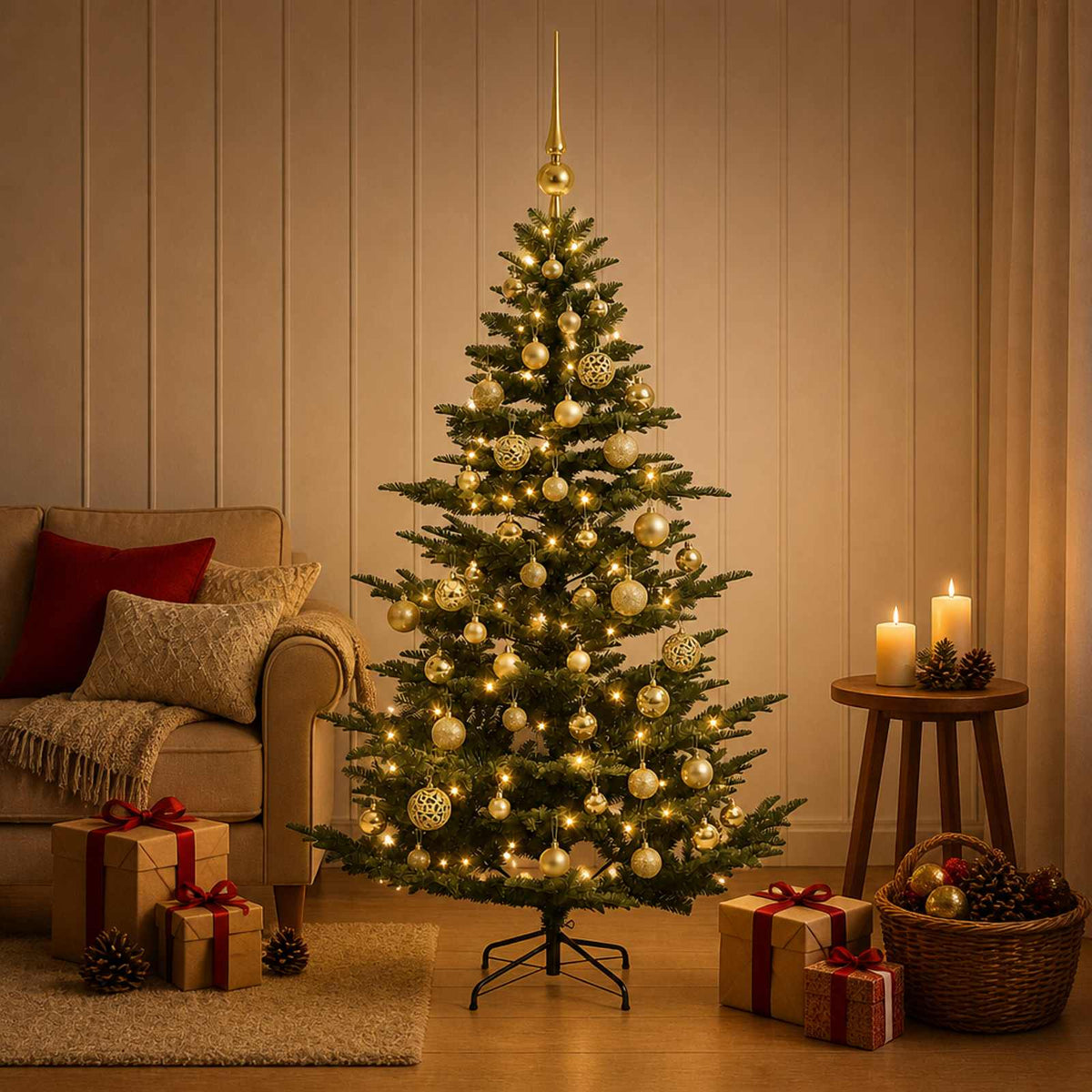 Kunstkerstboom met kerstbal 120 cm 150 LED's Warmwit PE & PVC is nu te koop bij PeponiXL, paradijselijk wonen!