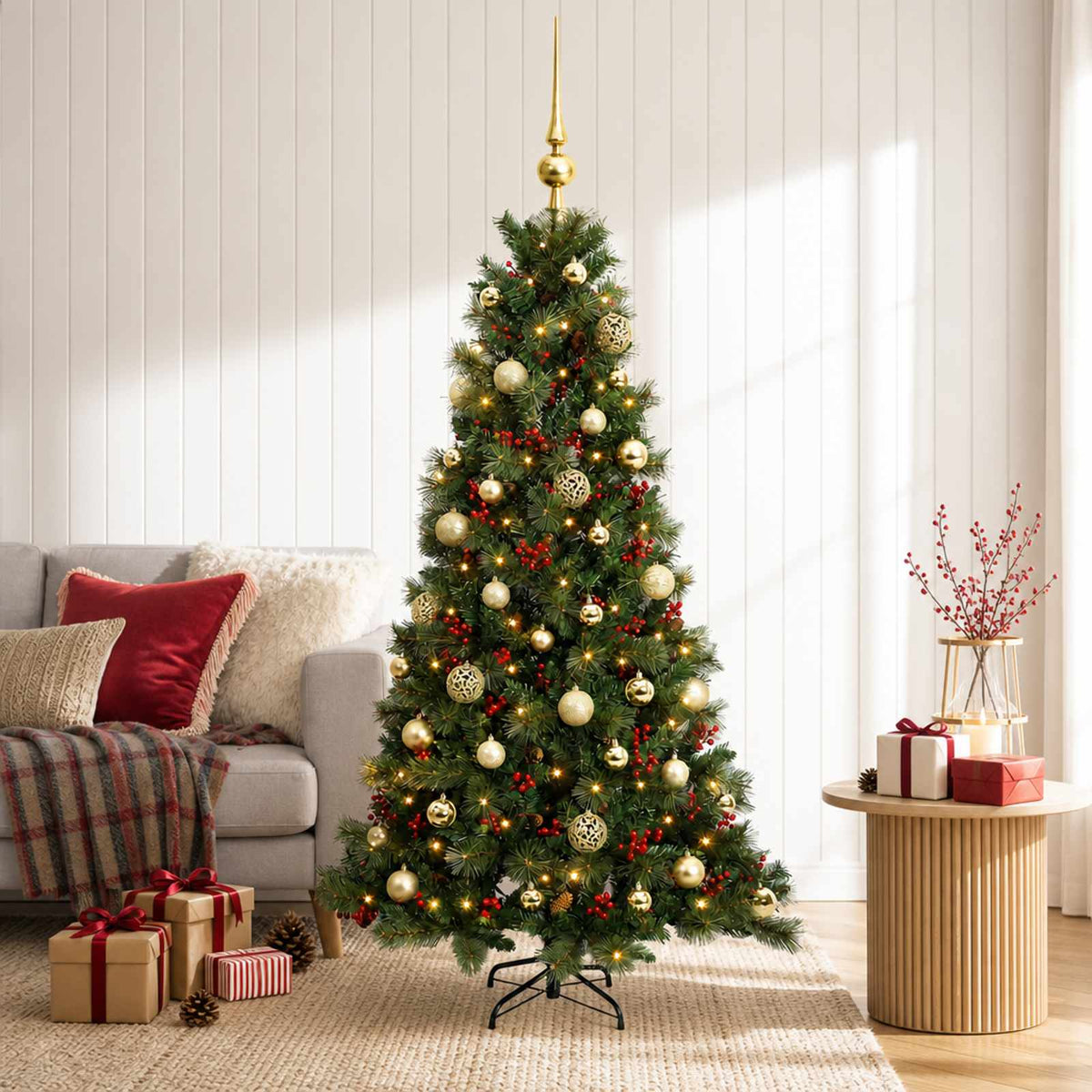 Kunstkerstboom met kerstbal 150 cm 150 LED's Warmwit is nu te koop bij PeponiXL, paradijselijk wonen!