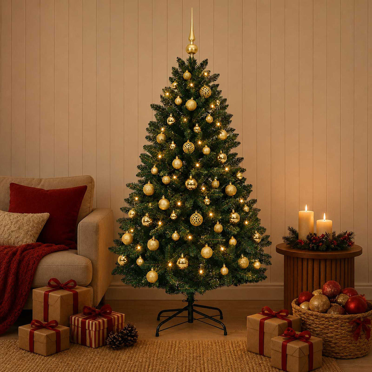 Kunstkerstboom donkergroen met kerstballen 150 cm 150 LED's is nu te koop bij PeponiXL, paradijselijk wonen!