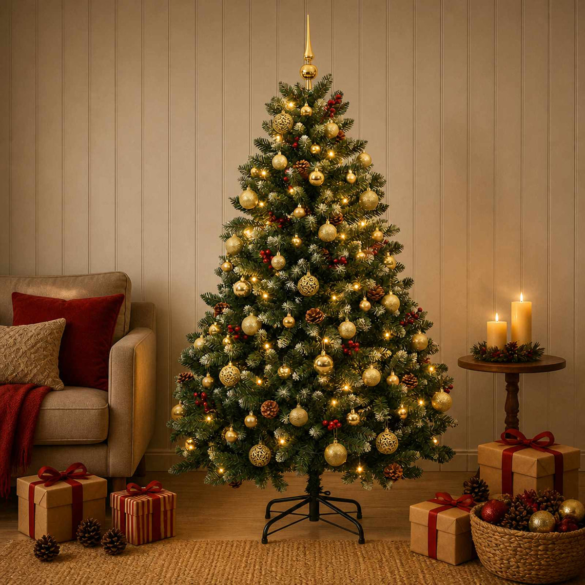 Kunstkerstboom groen met kerstbal 150 cm 150 LED's Warmwit is nu te koop bij PeponiXL, paradijselijk wonen!