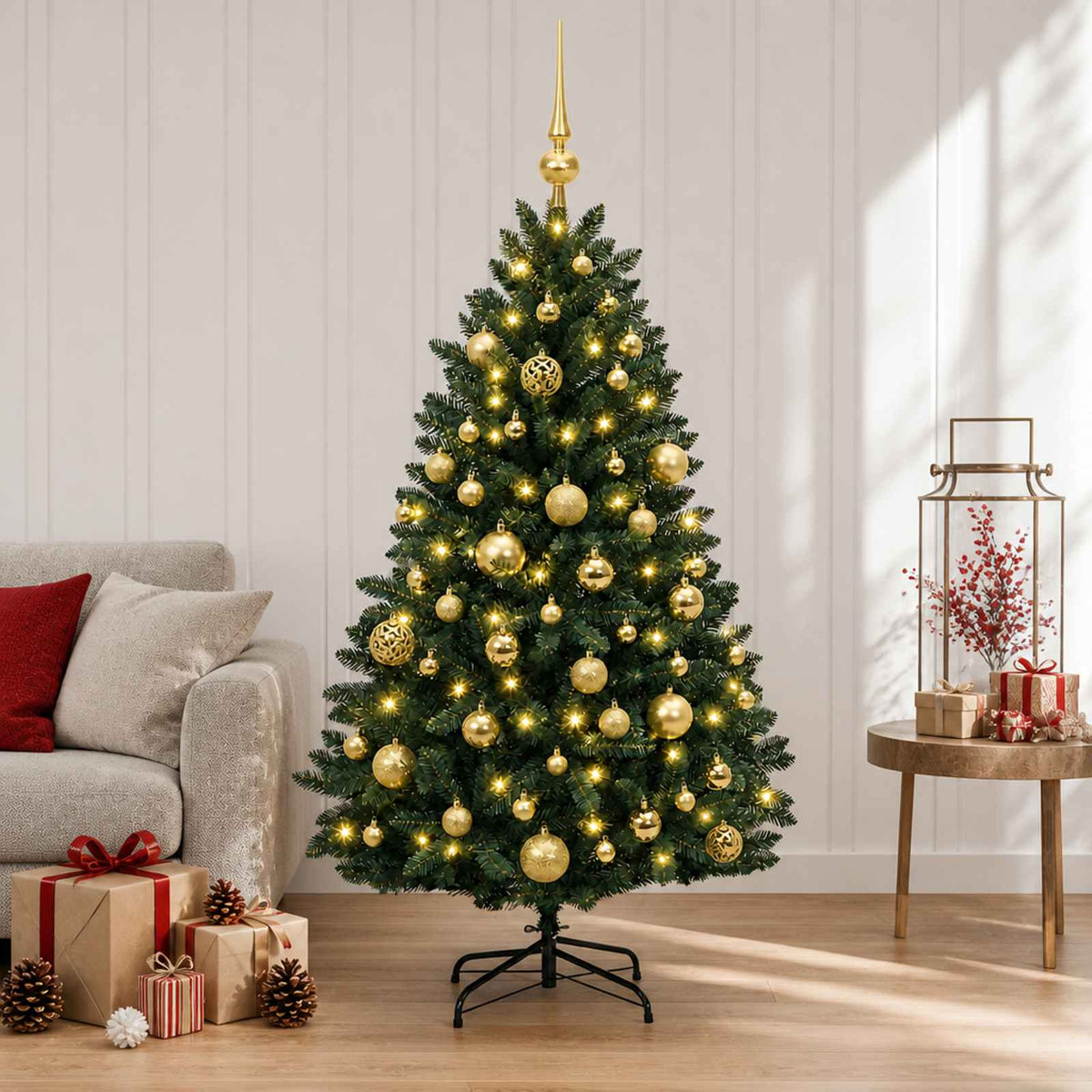 Kunstkerstboom donkergroen met kerstballen 180 cm 300 LED's is nu te koop bij PeponiXL, paradijselijk wonen!