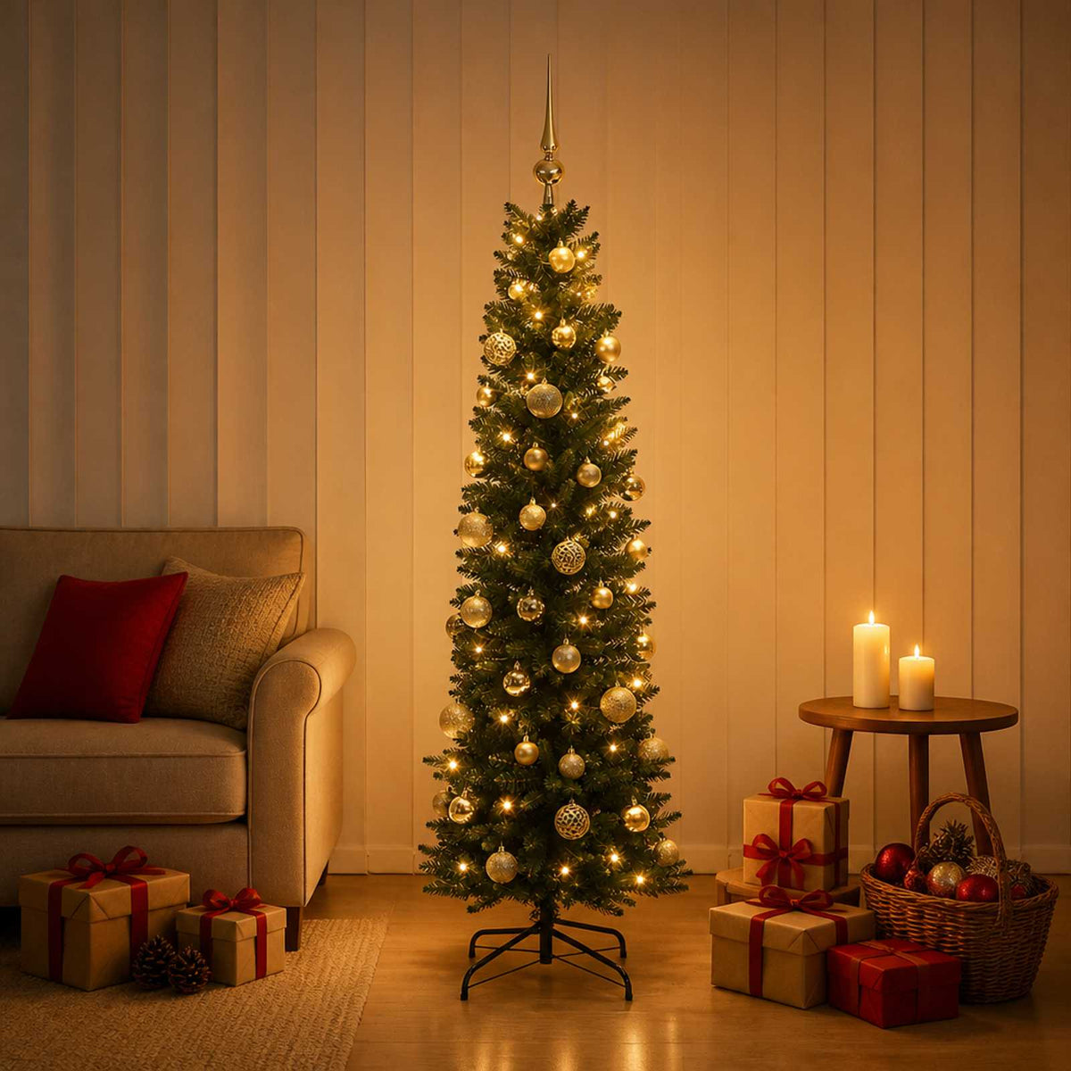 Smalle kunstkerstboom met kerstballen 120 cm 150 LED's Warmwit is nu te koop bij PeponiXL, paradijselijk wonen!