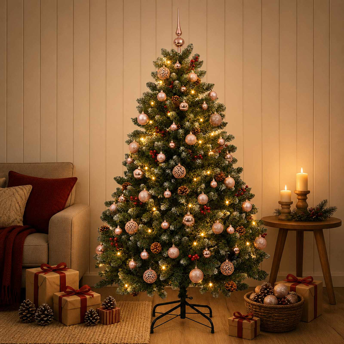Kunstkerstboom groen met kerstballen 150 cm 150 LED's Warmwit is nu te koop bij PeponiXL, paradijselijk wonen!