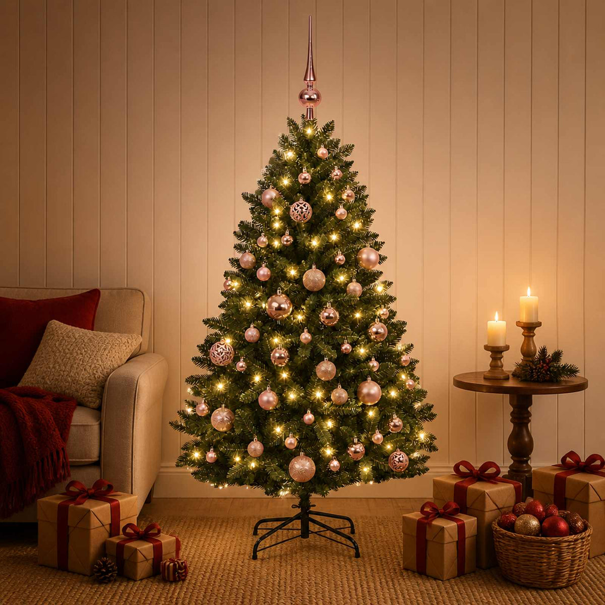 vidaXL Kunstkerstboom donkergroen met kerstballen 150 cm 150 LED's