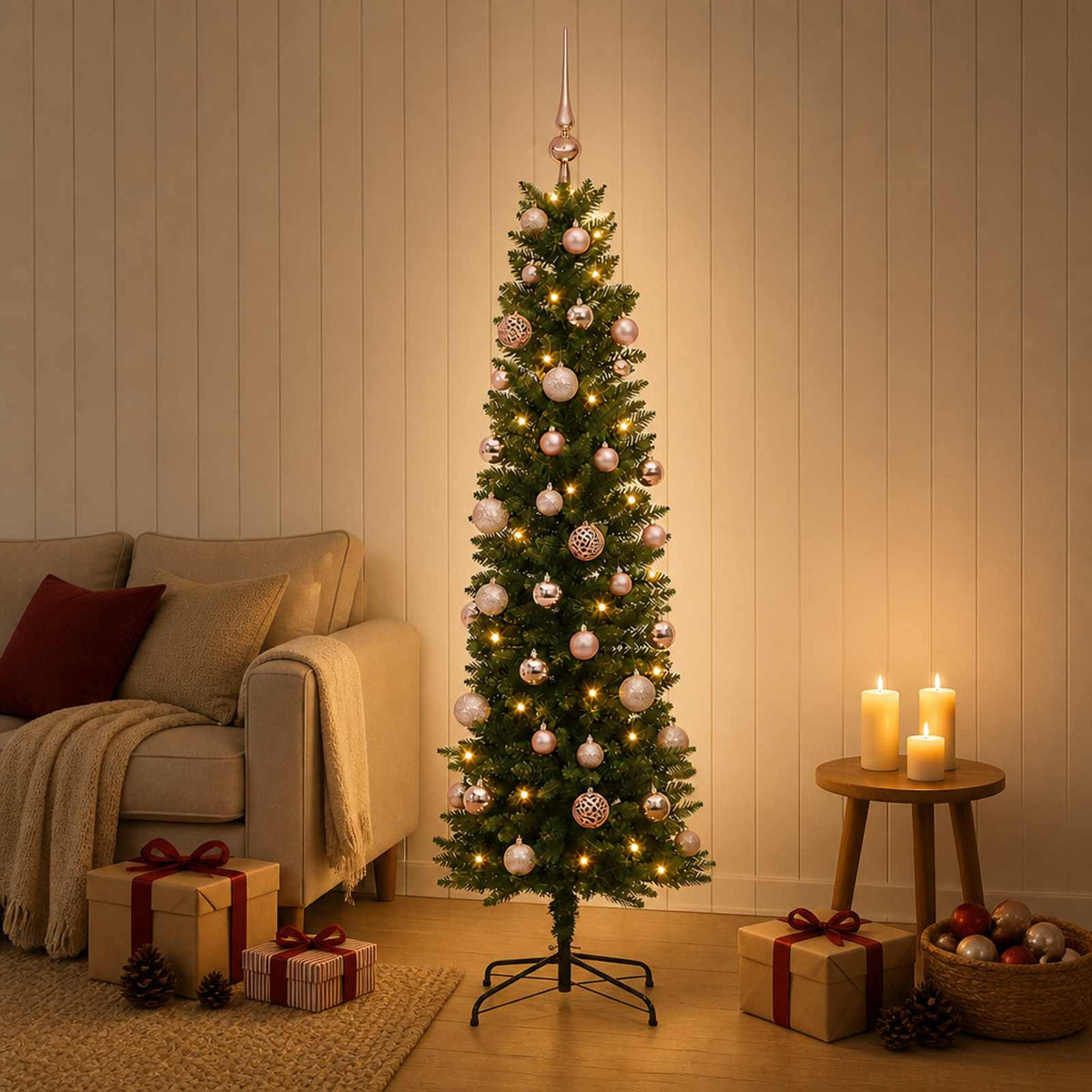 Smalle kunstkerstboom met kerstballen 120 cm 150 LED's Warmwit is nu te koop bij PeponiXL, paradijselijk wonen!