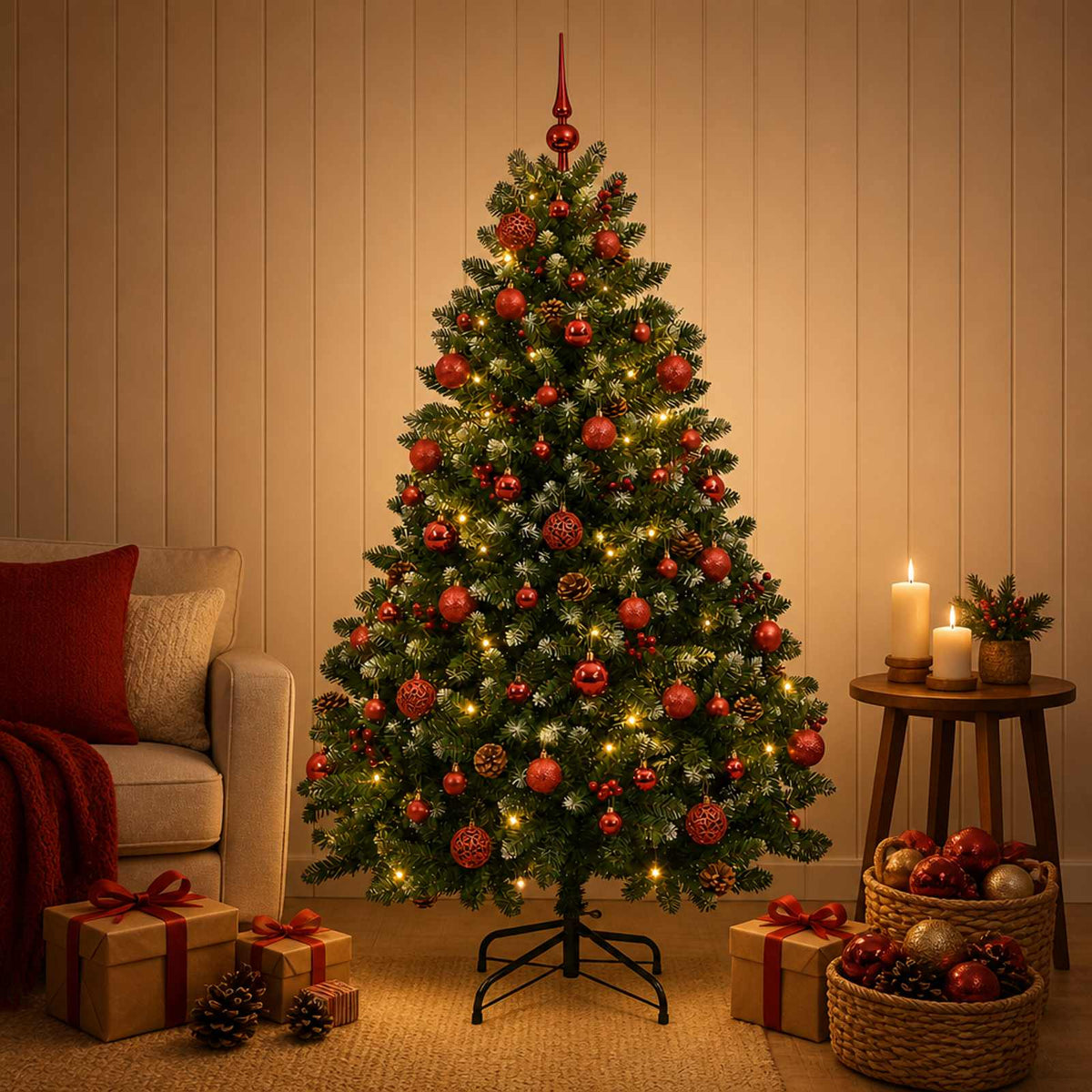 Kunstkerstboom groen met kerstbal 150 cm 150 LED's Warmwit is nu te koop bij PeponiXL, paradijselijk wonen!