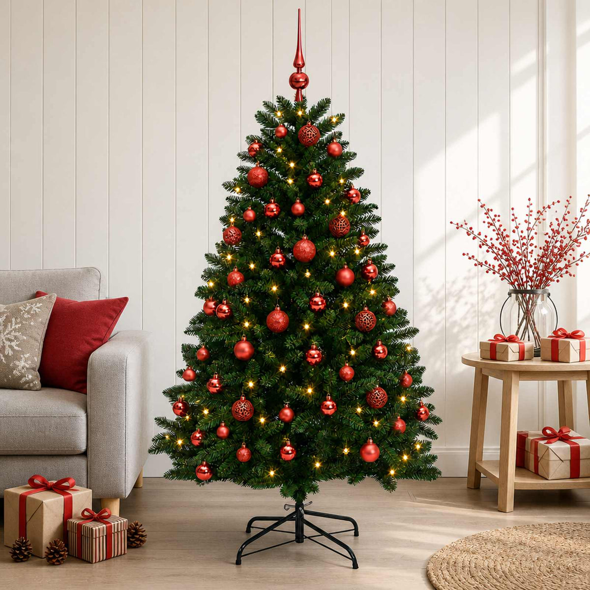 vidaXL Kunstkerstboom middengroen met kerstbal 120 cm 150 LED's