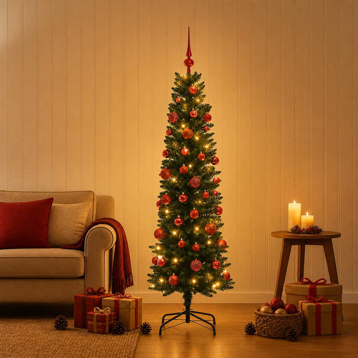 Smalle kunstkerstboom met kerstballen 120 cm 150 LED's Warmwit is nu te koop bij PeponiXL, paradijselijk wonen!