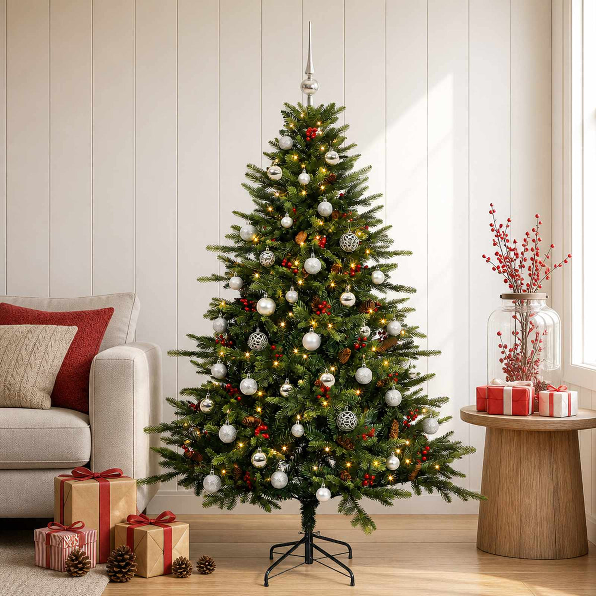 Kunstkerstboom met kerstbal 150 cm 150 LED's Warmwit is nu te koop bij PeponiXL, paradijselijk wonen!