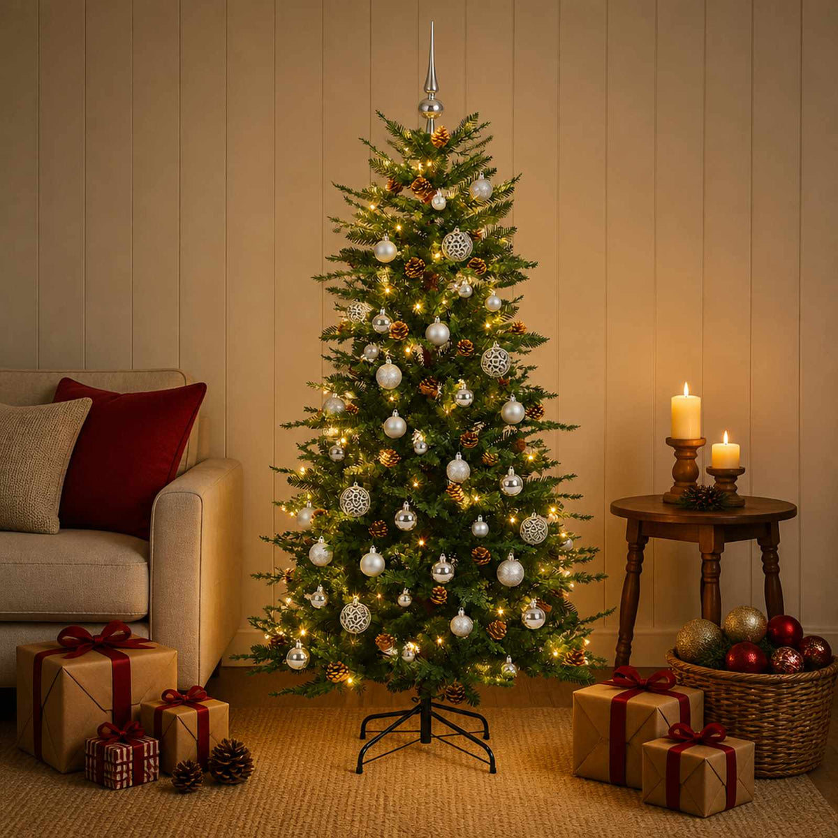 Kunstkerstboom met kerstbal 150 cm 150 LED's Warmwit PE & PVC is nu te koop bij PeponiXL, paradijselijk wonen!