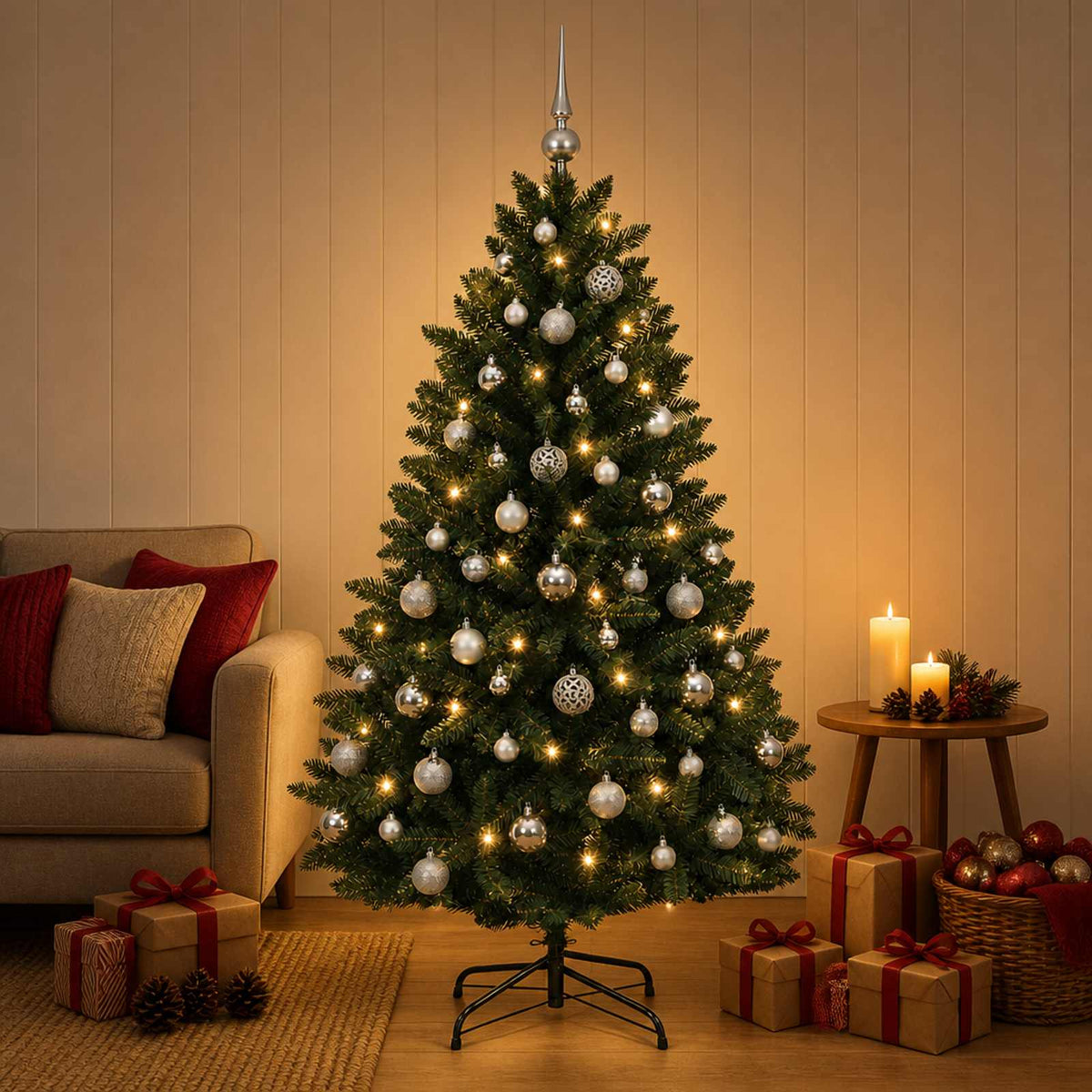 Kunstkerstboom donkergroen met kerstballen 180 cm 300 LED's is nu te koop bij PeponiXL, paradijselijk wonen!
