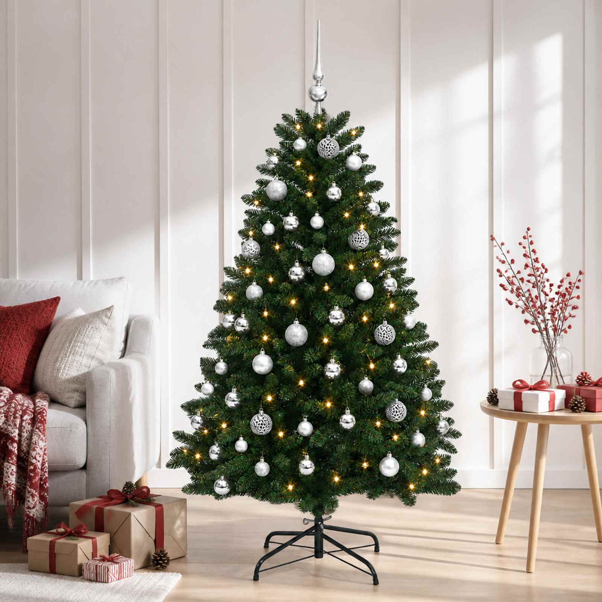 vidaXL Kunstkerstboom middengroen met kerstbal 150 cm 150 LED's