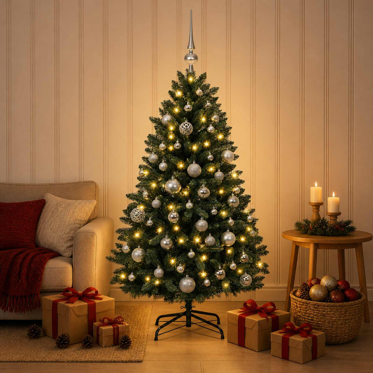 vidaXL Kunstkerstboom donkergroen met kerstballen 150 cm 150 LED's