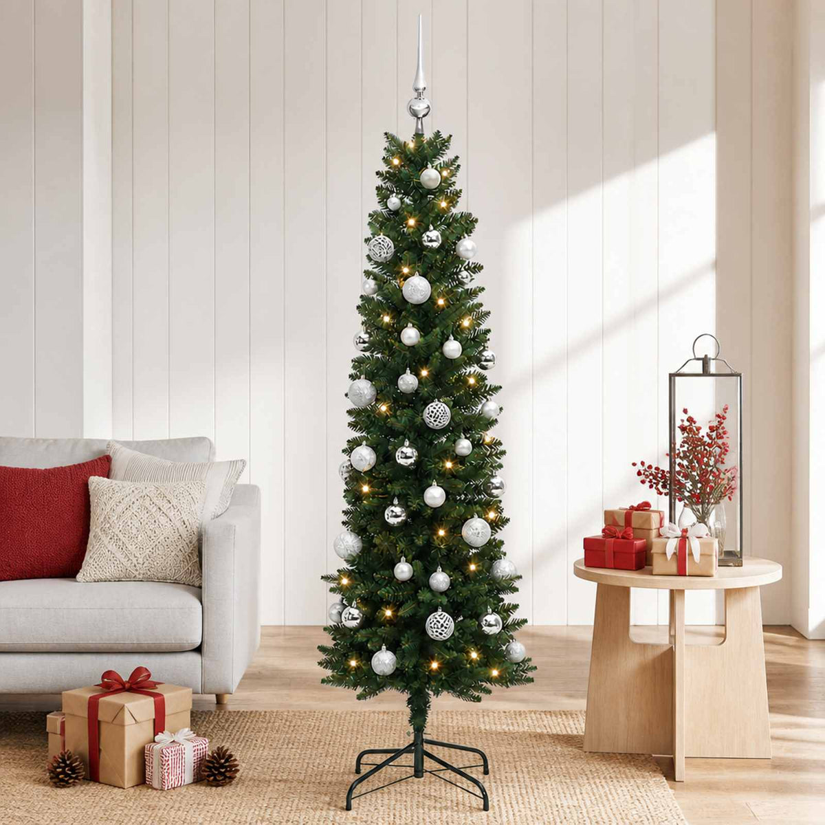 vidaXL Smalle kunstkerstboom met kerstballen 120 cm 150 LED's Warmwit