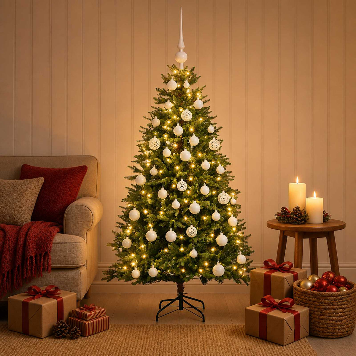 Kunstkerstboom met Ballen 150 cm 150 LED's Warmwit is nu te koop bij PeponiXL, paradijselijk wonen!