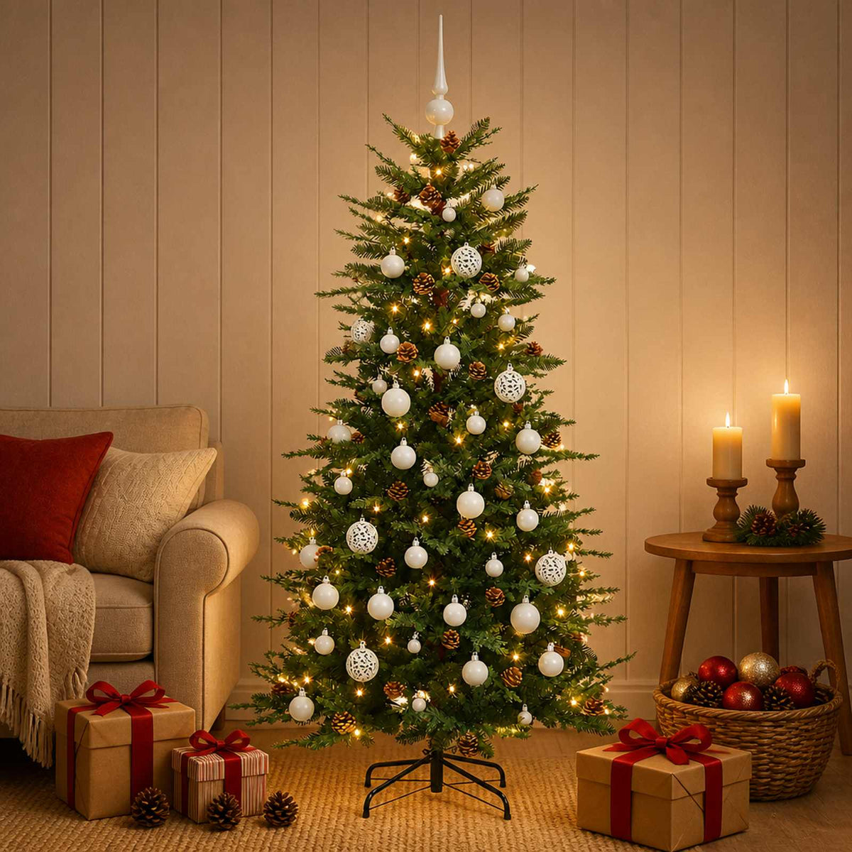 Kunstkerstboom met kerstbal 120 cm 150 LED's Warmwit PE & PVC is nu te koop bij PeponiXL, paradijselijk wonen!