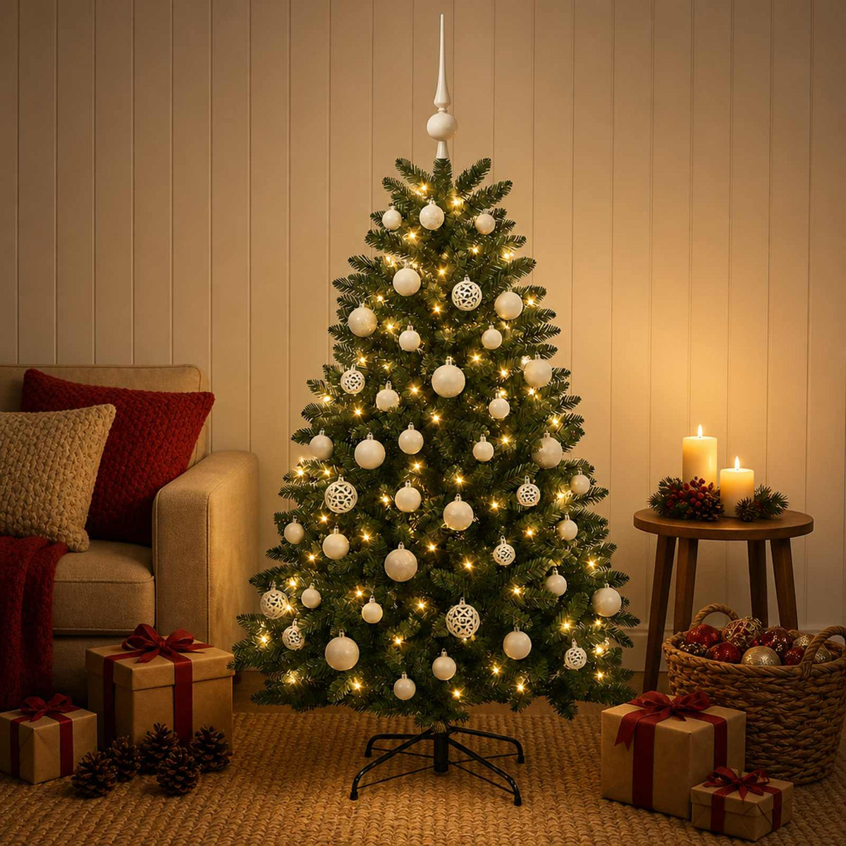 Kunstkerstboom middengroen met kerstbal 150 cm 150 LED's is nu te koop bij PeponiXL, paradijselijk wonen!