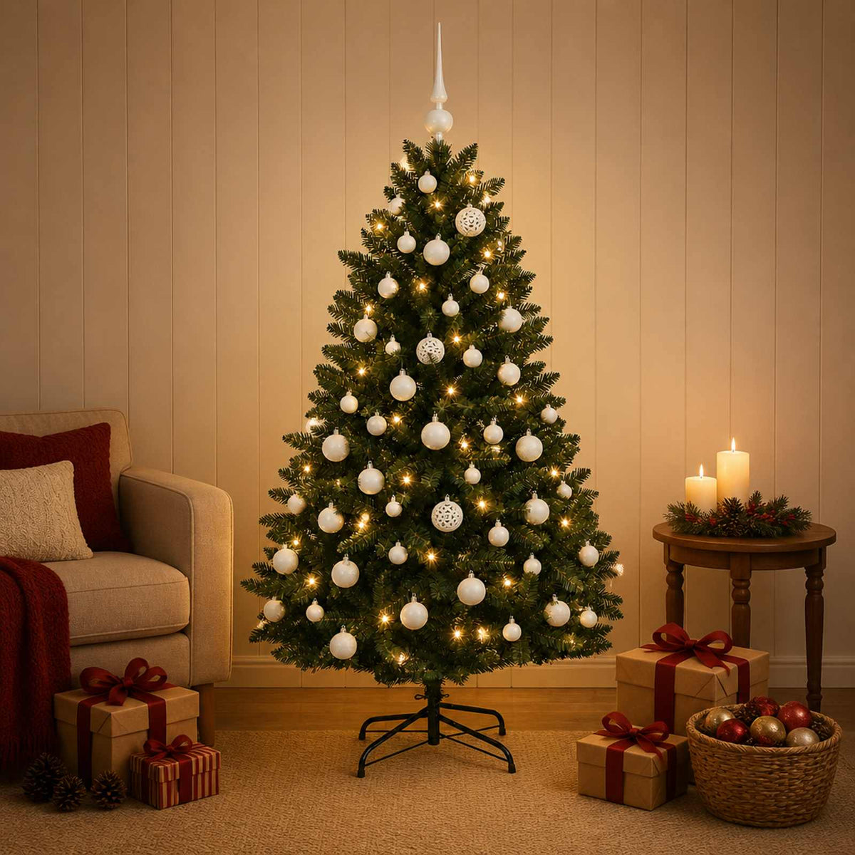 vidaXL Kunstkerstboom donkergroen met kerstballen 120 cm 150 LED's