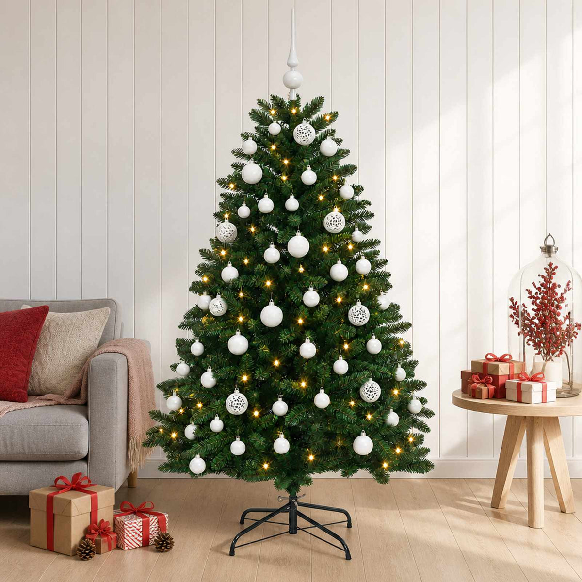 vidaXL Kunstkerstboom middengroen met kerstbal 150 cm 150 LED's