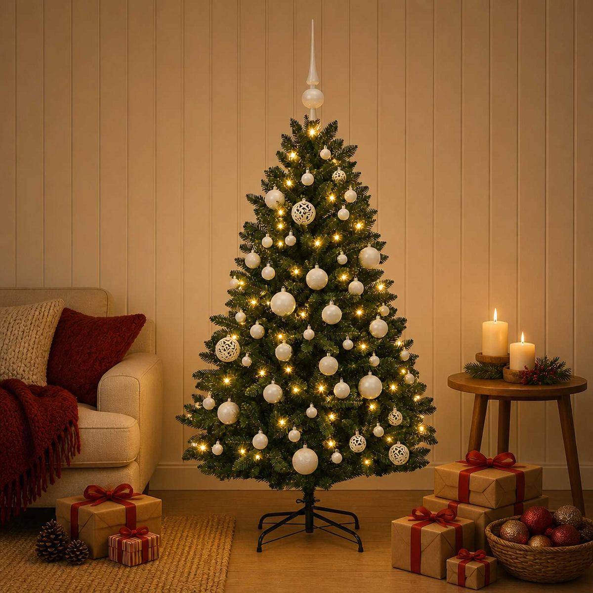 vidaXL Kunstkerstboom donkergroen met kerstbal 150 cm 150 LED's