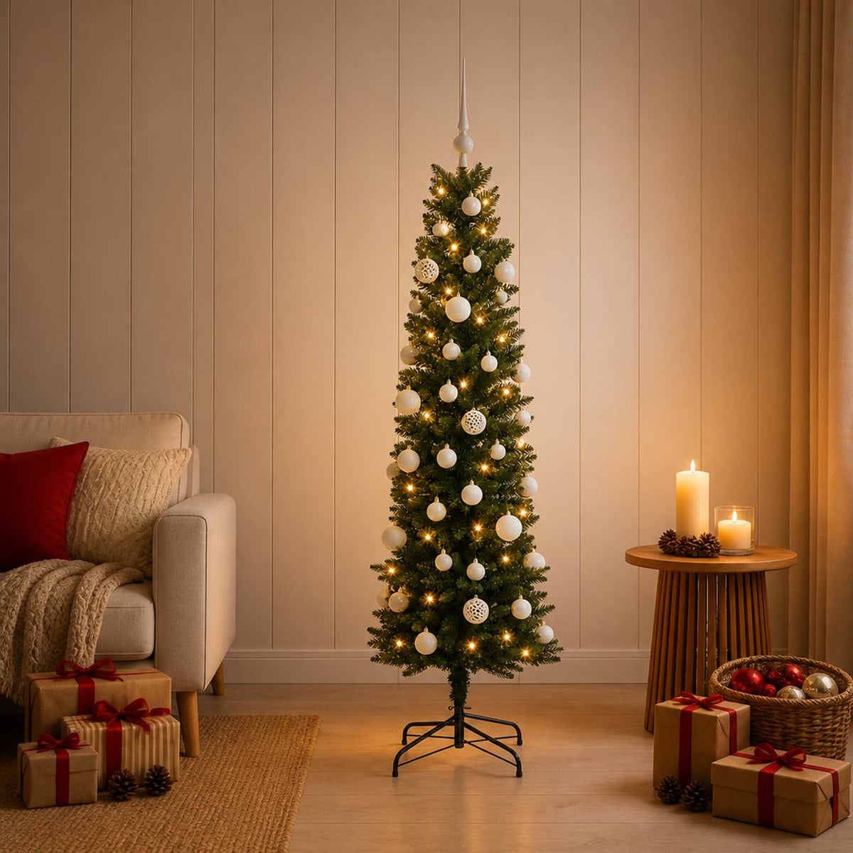 Smalle kunstkerstboom met kerstballen 120 cm 150 LED's Warmwit is nu te koop bij PeponiXL, paradijselijk wonen!