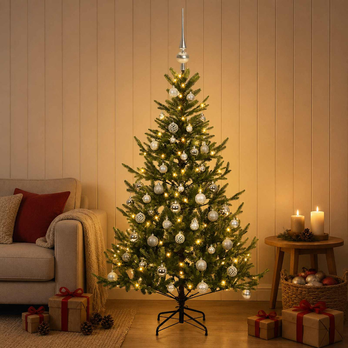 vidaXL Kunstkerstboom met kerstbal 150 cm 150 LED's Warmwit