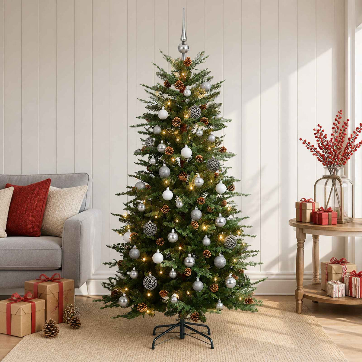 vidaXL Kunstkerstboom met kerstbal 120 cm 150 LED's Warmwit PE & PVC