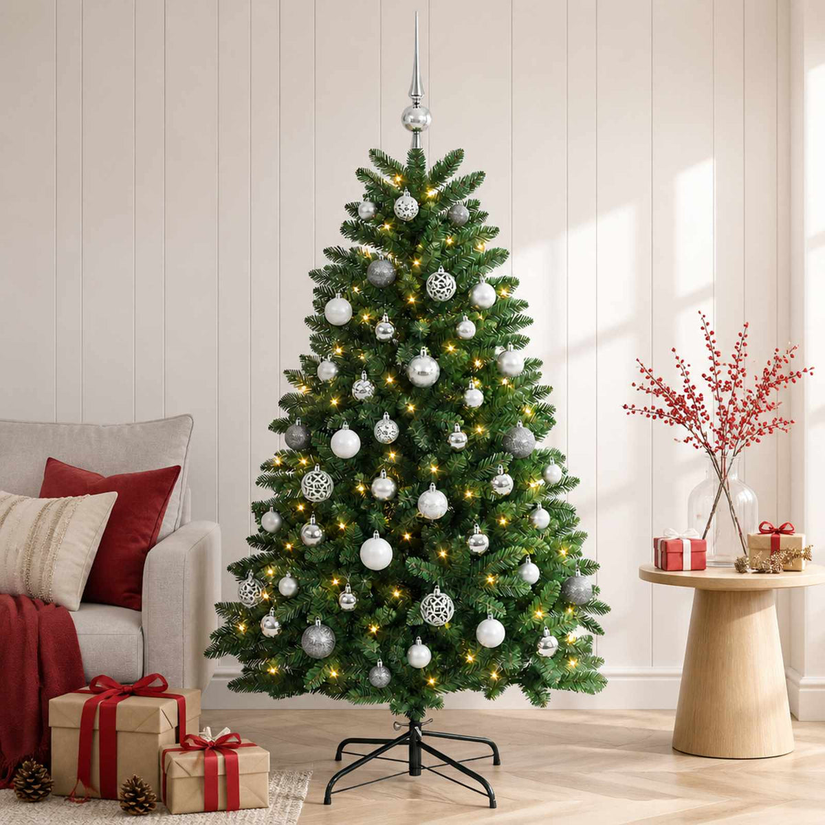 Kunstkerstboom middengroen met kerstbal 150 cm 150 LED's is nu te koop bij PeponiXL, paradijselijk wonen!