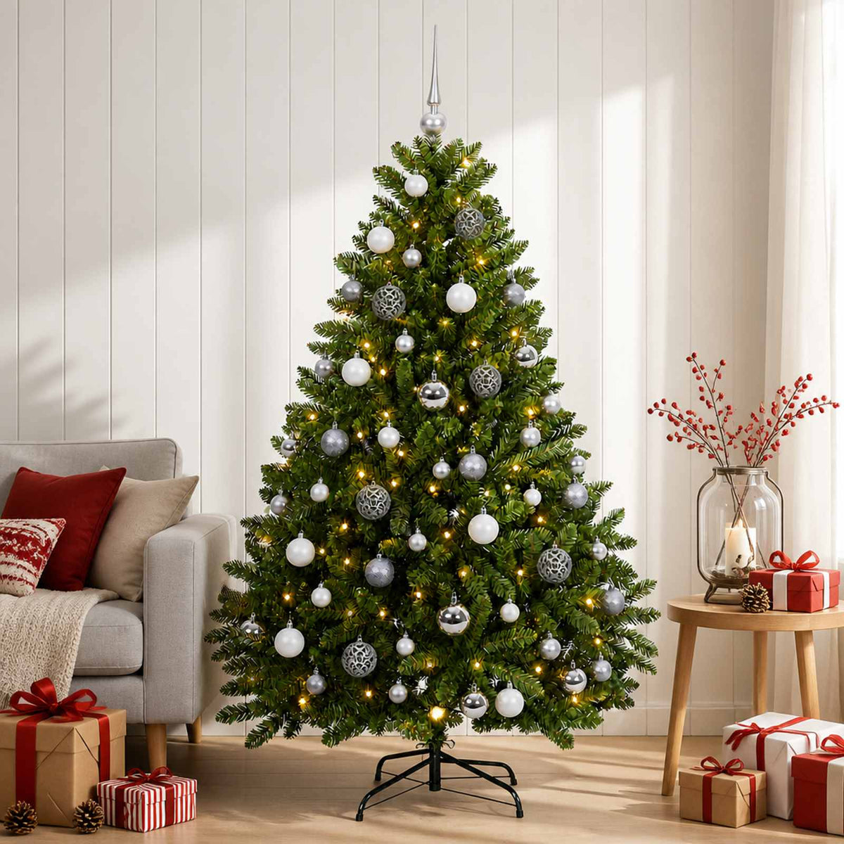 Kunstkerstboom lichtgroen met kerstballen 120 cm 150 LED's is nu te koop bij PeponiXL, paradijselijk wonen!