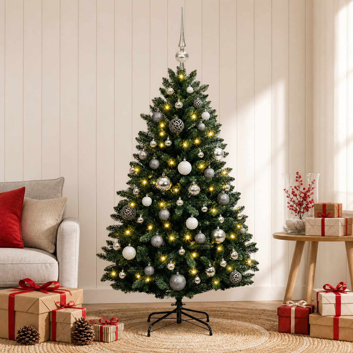 vidaXL Kunstkerstboom donkergroen met kerstbal 180 cm 300 LED's