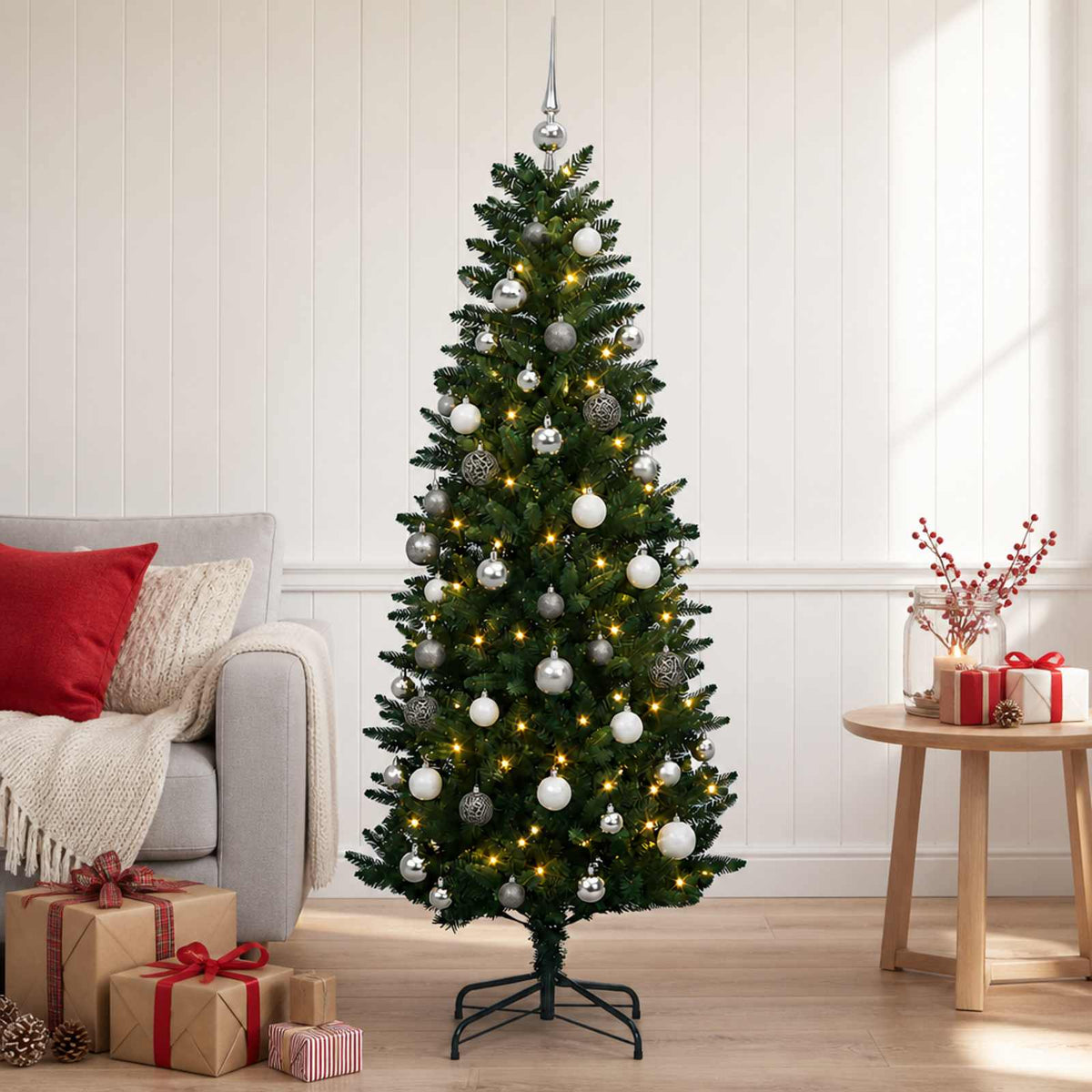 vidaXL Kunstmatige Scharnier Kerstboom met Ballen 120 cm 150 LED's