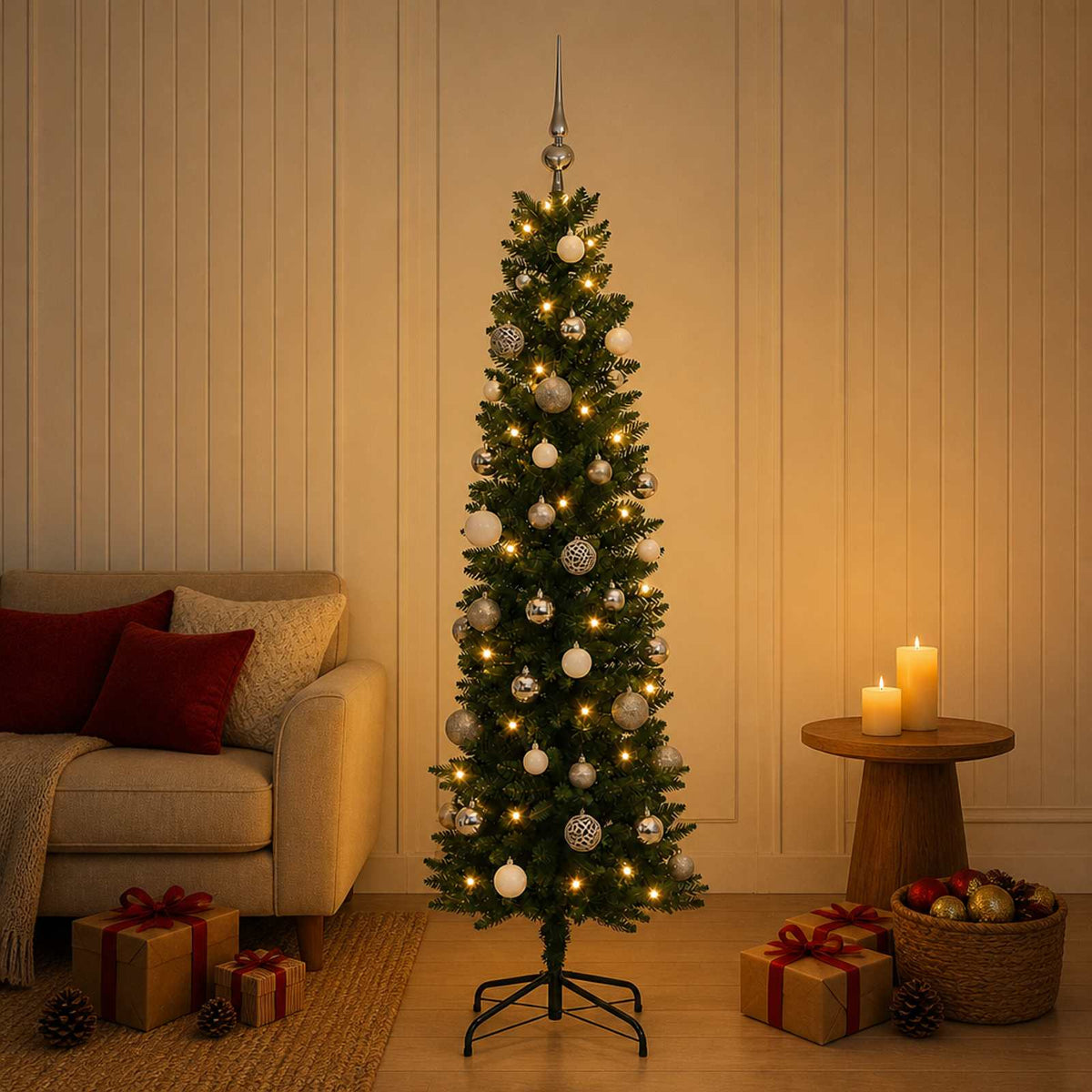Smalle kunstkerstboom met kerstballen 120 cm 150 LED's Warmwit is nu te koop bij PeponiXL, paradijselijk wonen!