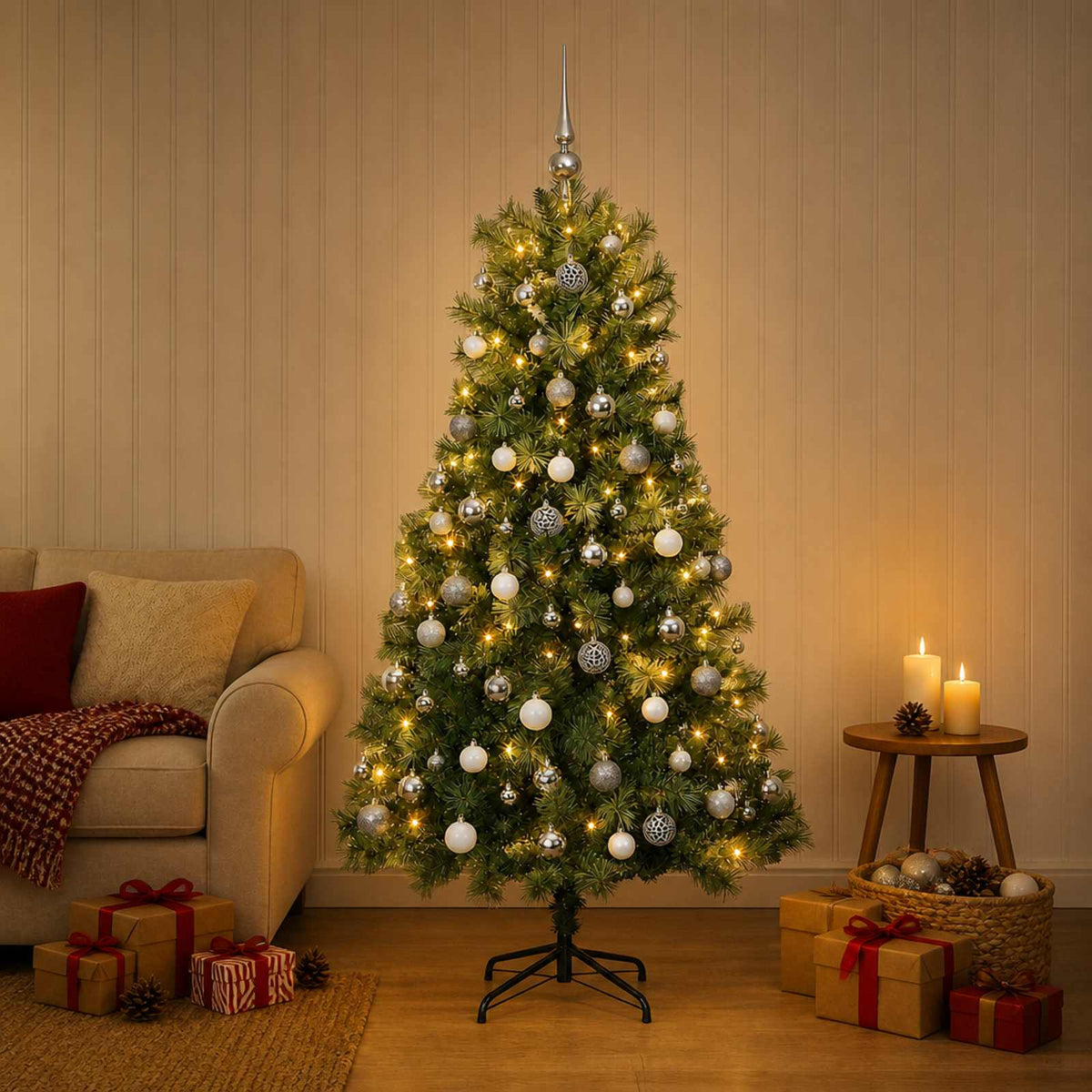 vidaXL Kunstkerstboom met scharnierende takken en kerstballen 120 cm