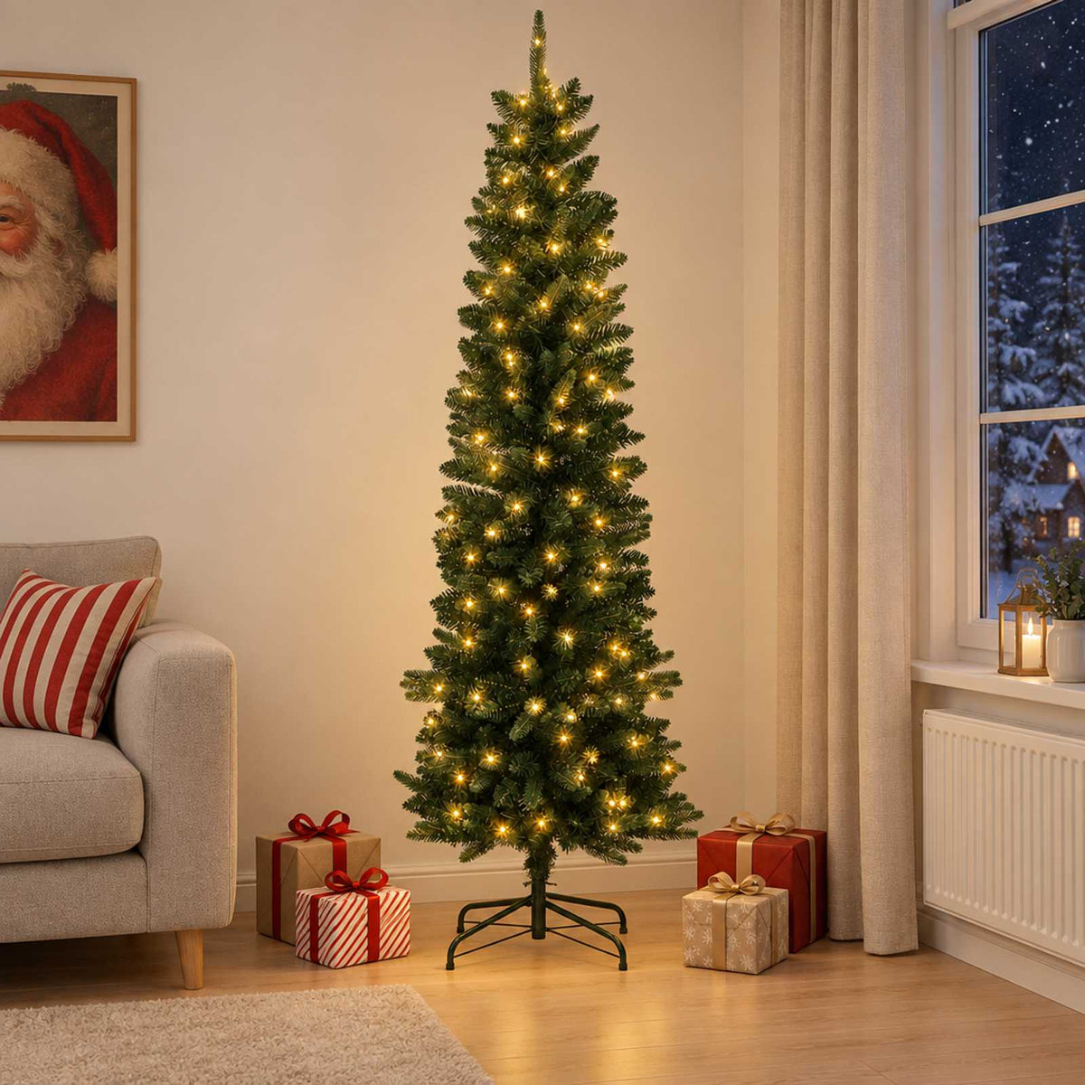 Kunstmatige slanke kerstboom 210 cm 300 LED's Warmwit PVC Groen is nu te koop bij PeponiXL, paradijselijk wonen!