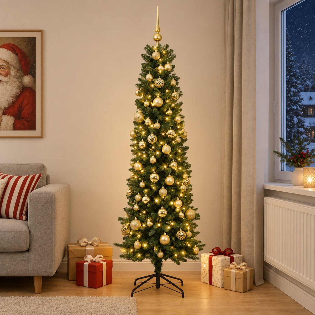 Smalle kunstkerstboom met kerstballen 210 cm 300 LED's Warmwit is nu te koop bij PeponiXL, paradijselijk wonen!