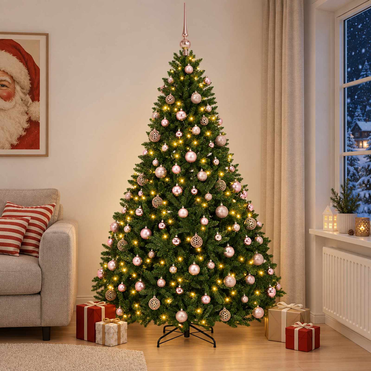 vidaXL Kunstkerstboom middengroen met kerstbal 210 cm 300 LED's