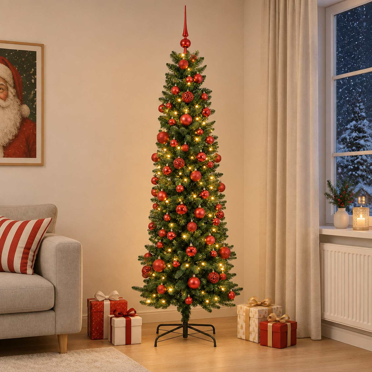 vidaXL Smalle kunstkerstboom met kerstballen 180 cm 300 LED's Warmwit