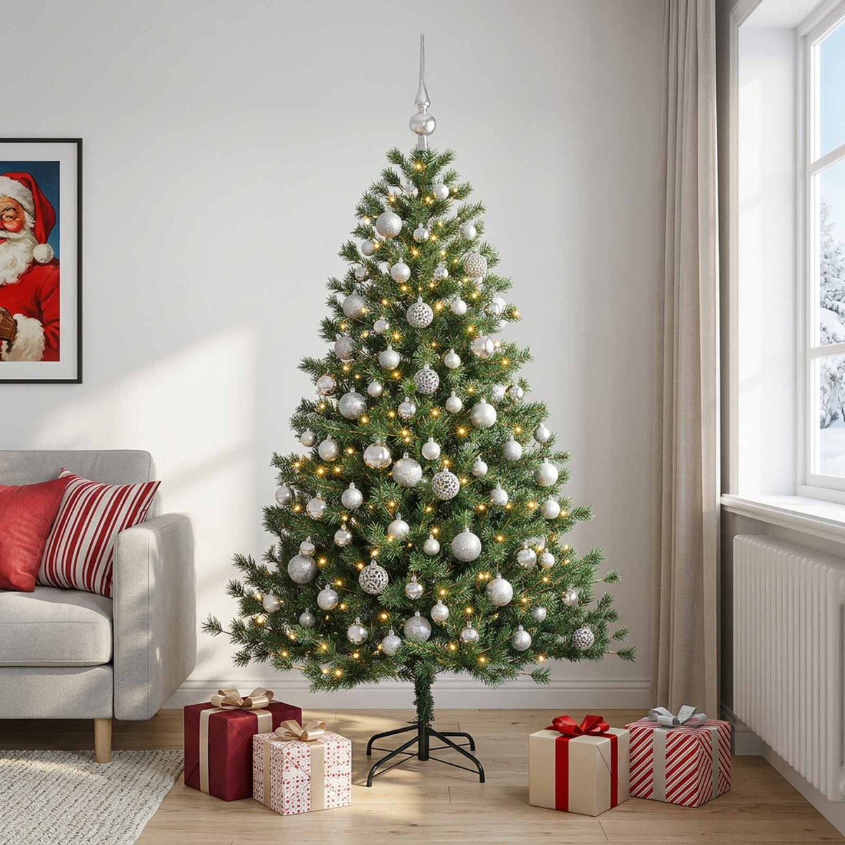 vidaXL Kunstkerstboom met kerstbal 210 cm 300 LED's Warmwit